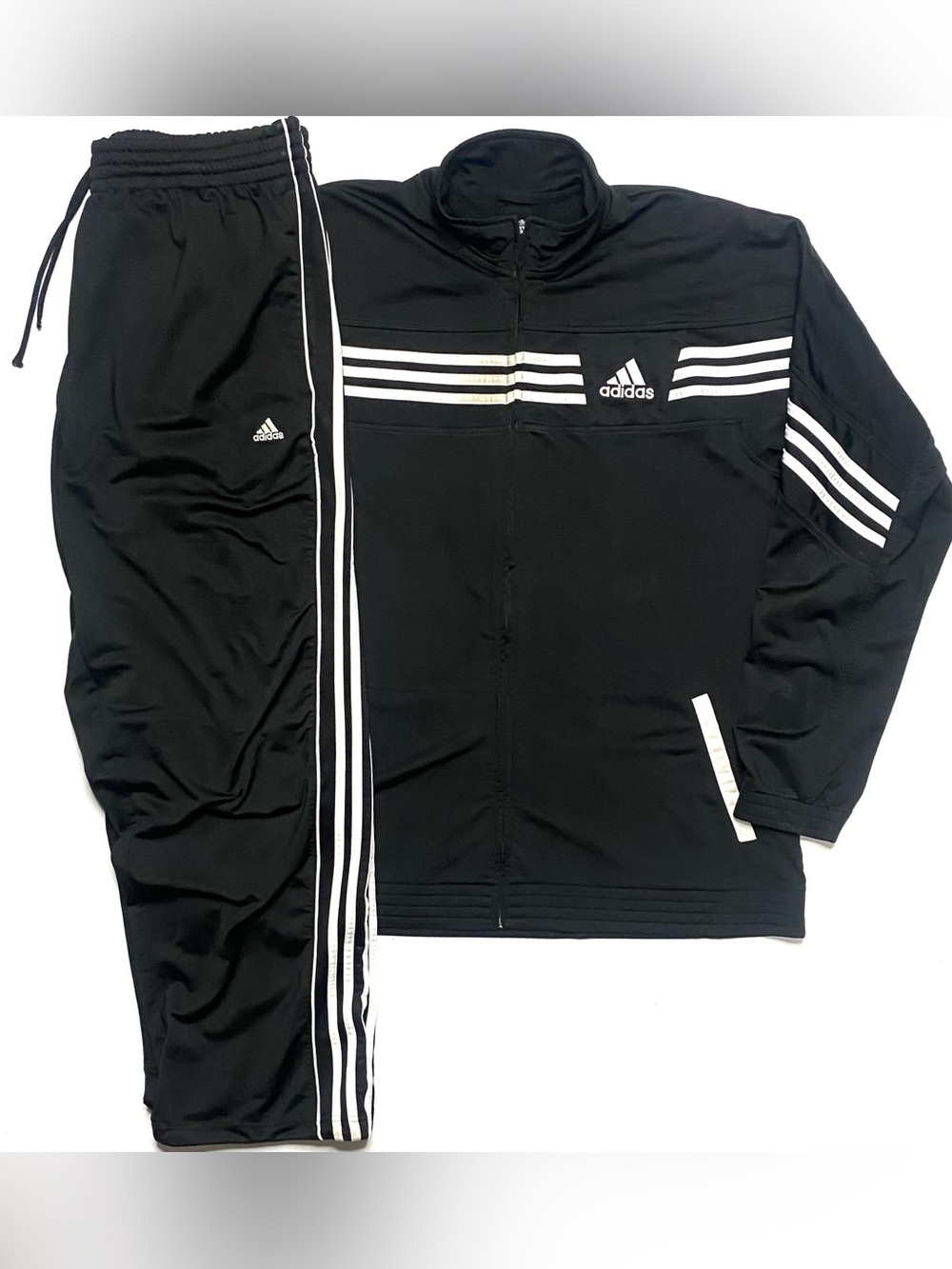 Vintage Y2K Adidas Mens Black & White 3 Stripe Track Suit Jacket & Pants Size XL